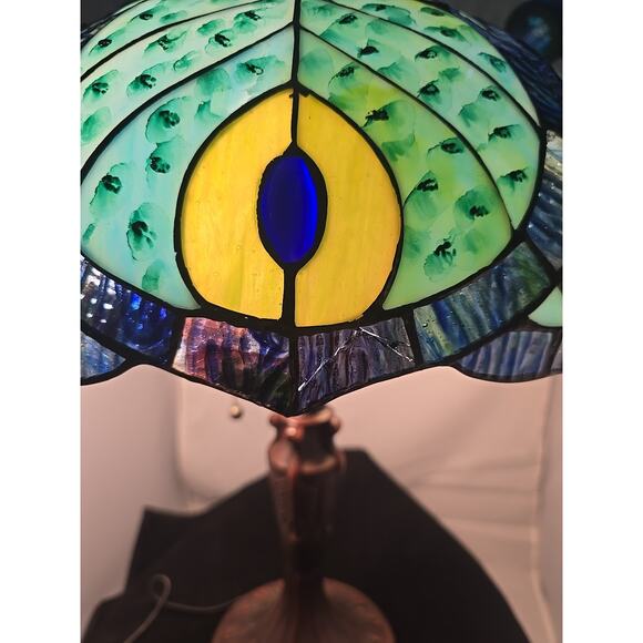 Vintage Tiffany Style 22" Stained Glass Peacock Table Lamp - Picture 4 of 11
